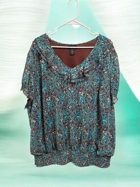 Lane Bryant Ruffle Short Sleeve Blouse Teal Brown Gathered Hem Lined 26/28 W